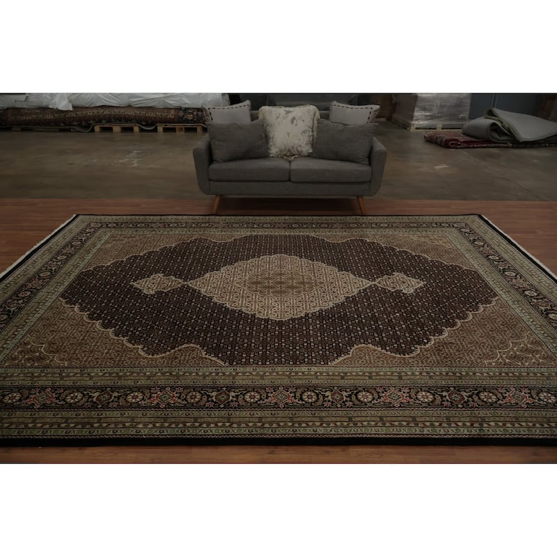 Hand Knotted Oriental 100% Wool Carpet Traditional Floral Black Tabriz-Mahi Area Rug - 12' 1'' X 8' 11''