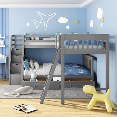 L Shaped Bunk Bed wStorage,Twin over Full Solid Wood Bedframe