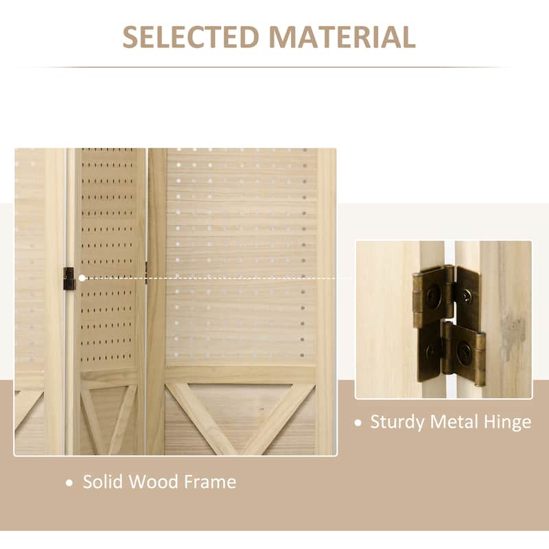 4 Panel Pegboard Display Room Divider, 4.7' Tall Wood Indoor Portable Folding Privacy Screen, Partition Wall Divider, Natural
