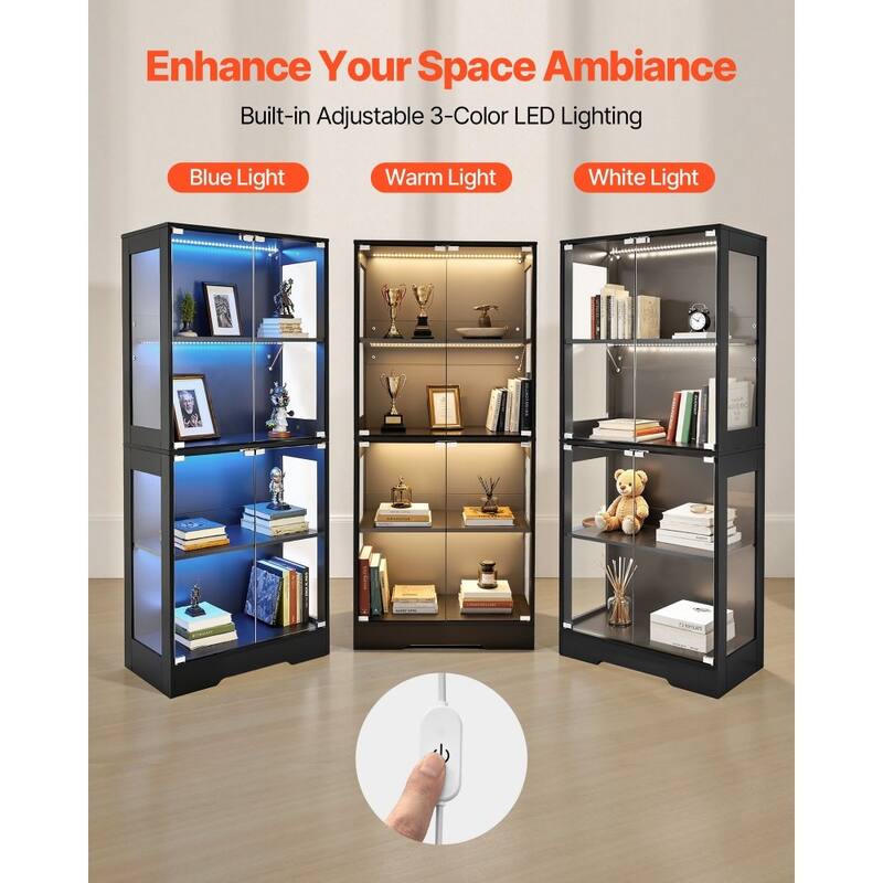 Black MDF Glass Display Cabinet 4-Tier with 3-Color LED Lighting - 28.82 × 13.86 × 65.16 inch