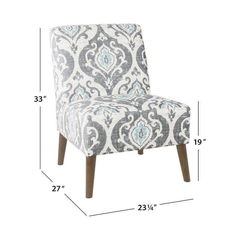 Armless Accent Chair, Vintage Medallion Print, Blue White Polyester