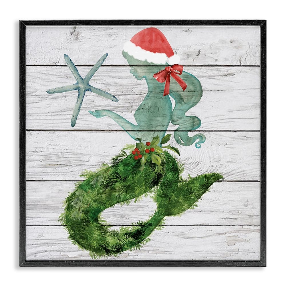 Stupell Christmas Mermaid Winter Holly Floral Pine Framed Wall Art, 12 x 12