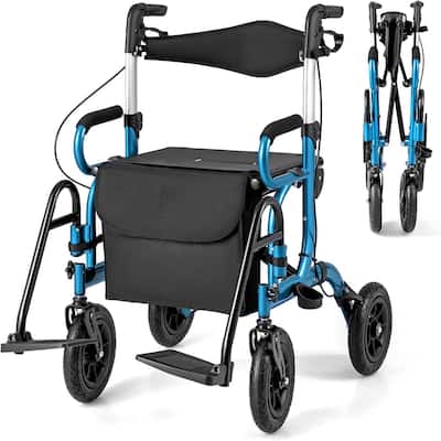 2 in 1 Folding Rolling Rollator Walker & Wheelchair Combo w/ Brakes