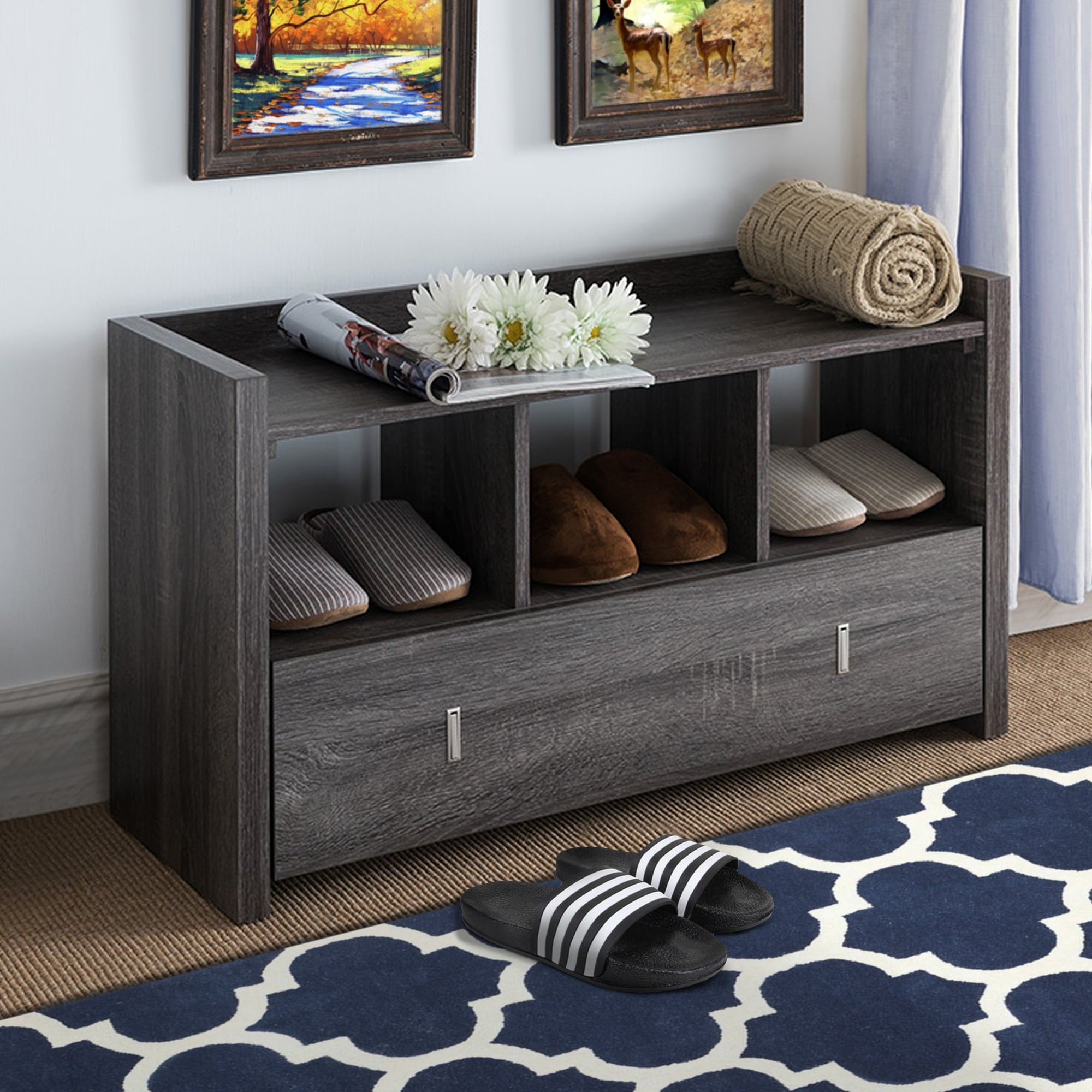 Wooden Storage Shoe Rack Bench With 3 Shelves and Raised Top