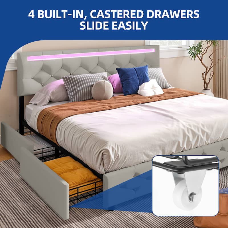 Queen Adjustable Upholstered Headboard Platform Bed Led Bed Frame with 4 Storage Drawers