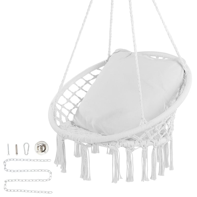 Hanging Hammock Swing Chair, Macramé Hanging Chair with Cushion and Mounting Hardware, Cotton Rope Swing Chair - 330 Lbs Capacity