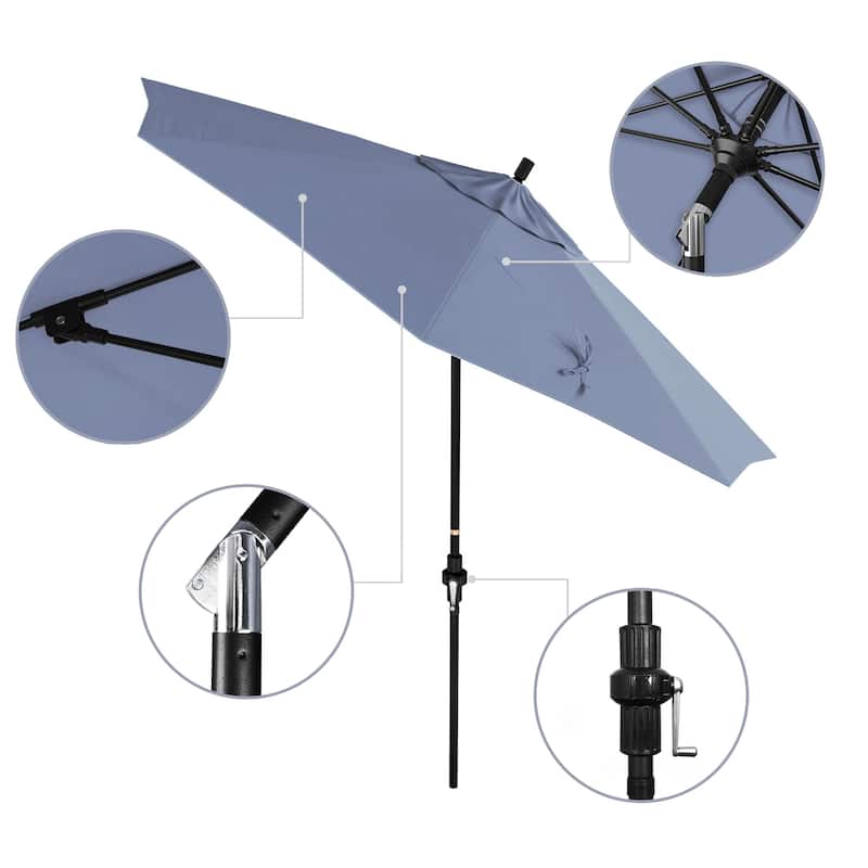 California Umbrella 9' Rd Patio Umbrella Black Aluminum Frame Fiberglass Ribs Crank Lift Collar Tilt, Sunbrella Cilantro