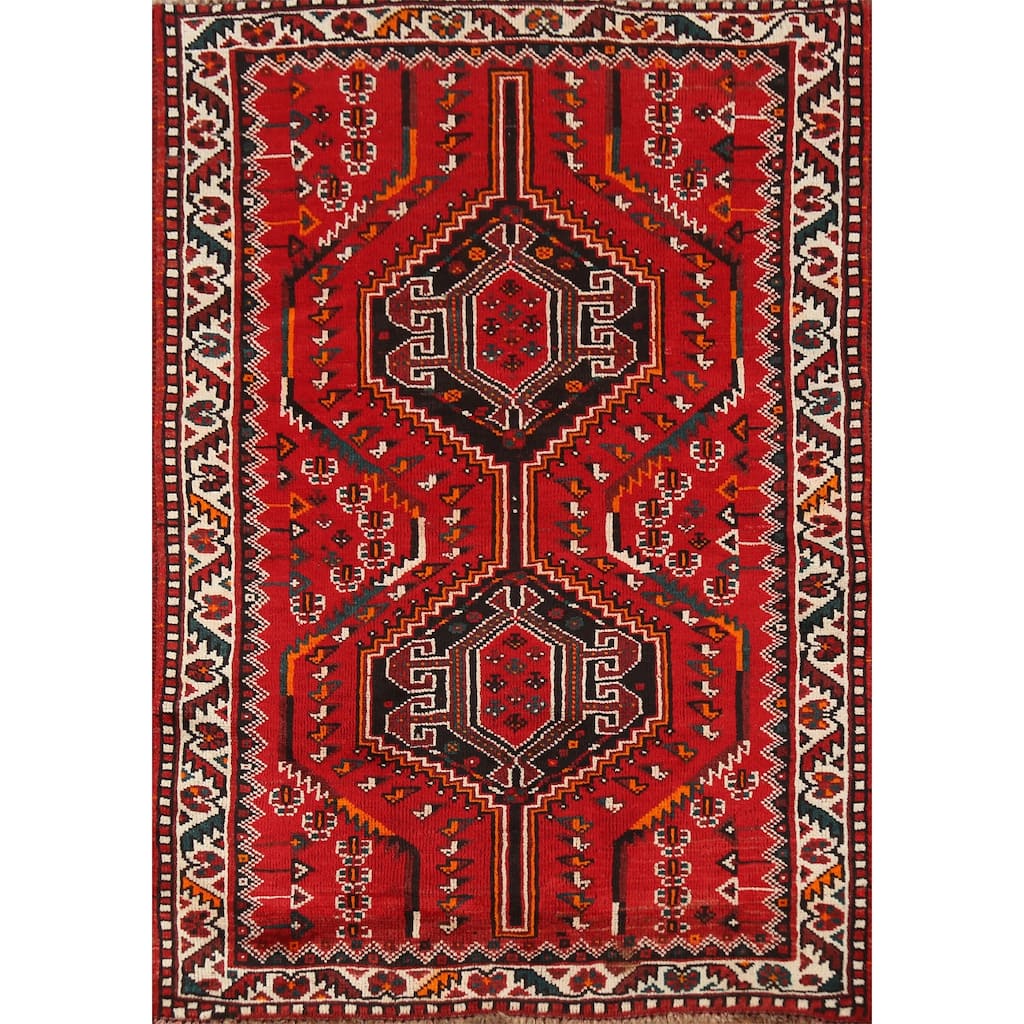 Hand Knotted Oriental 100% Wool Carpet Traditional Tribal Red Shiraz Area Rug - 4' 10'' X 3' 7''