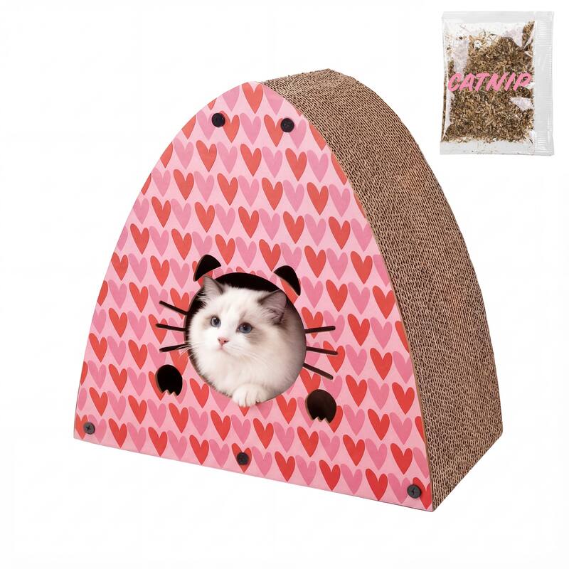 Koko 19" Cardboard Triangle Cat Cave Scratcher with Catnip - Assembled - Pink/Red