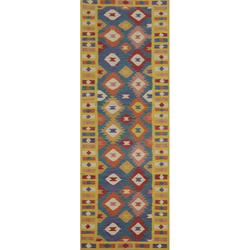 Hand Woven Oriental 100% Wool Carpet Southwestern Geometric Navy Blue & Blues Kilim Runner Rug - 12' 9'' X 3' 6''