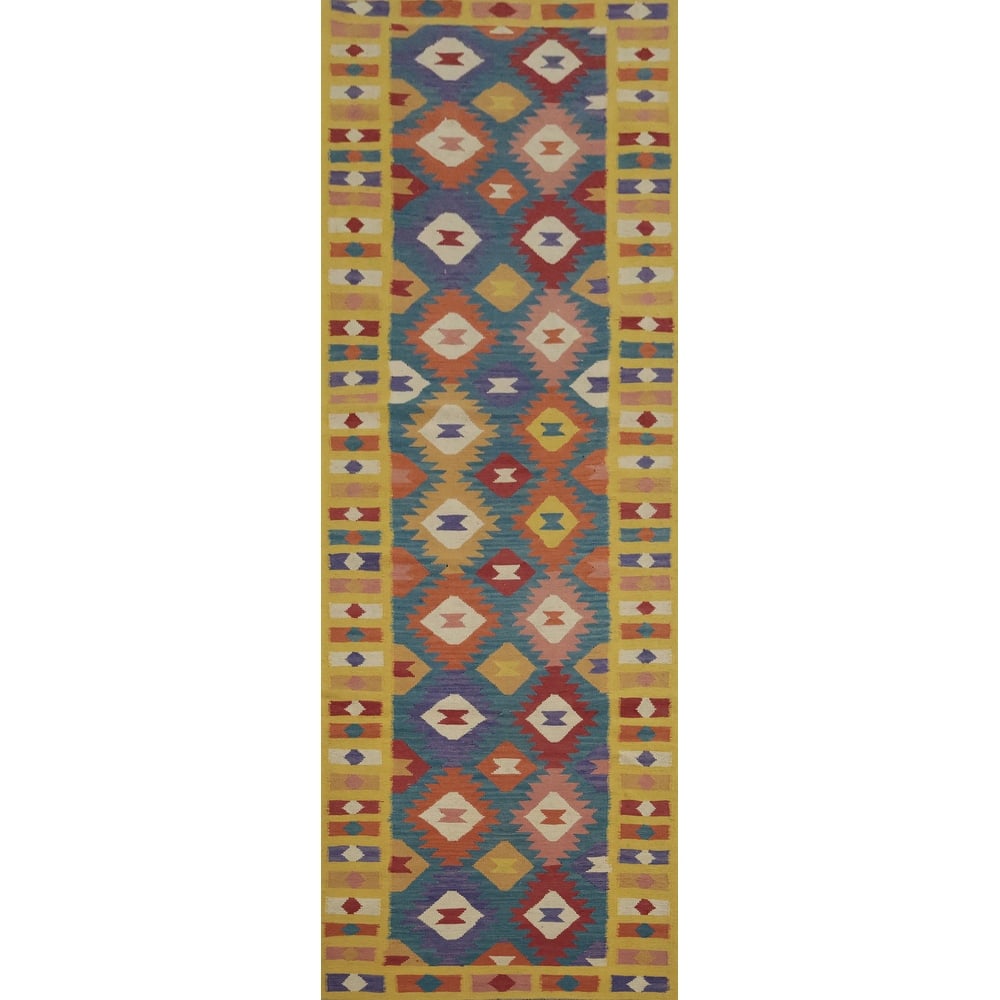 Hand Woven Oriental 100% Wool Carpet Southwestern Geometric Navy Blue & Blues Kilim Runner Rug - 12' 9'' X 3' 6''