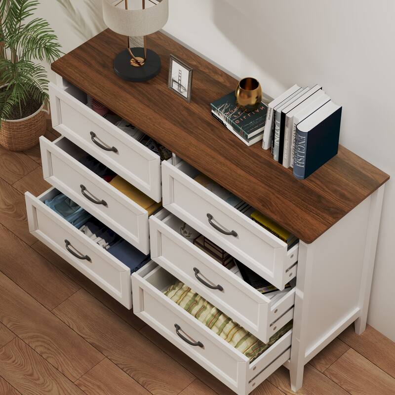 43.3" W 6 Drawer Dresser, Wood Storage Closet Dressers Chest of Drawers for Bedroom