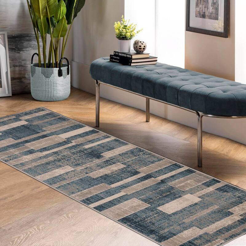 Modern Farmhouse Wide Striped Indoor Runner or Area Rug by Superior - 2' 7" x 8' - Blue-Cream