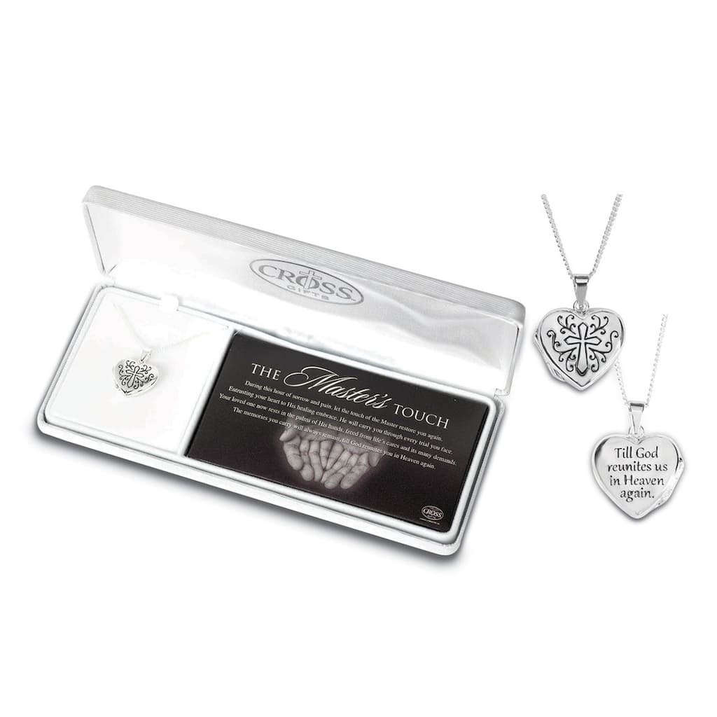 Curata Silver-Plated Til God Reunites Us in Heaven Again Masters Touch Heart Cross Locket 21 Inch Necklace Poem