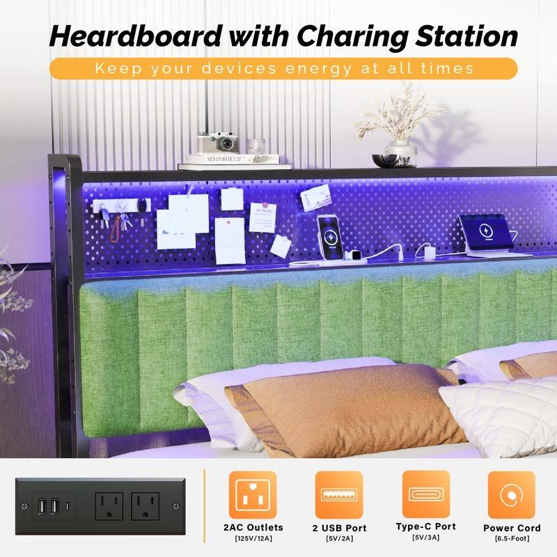 Adjustable Upholstered Headboard with 2 Tier Shelves with Charging Stations and LED Lights, Modern Bed Headboard with Storage