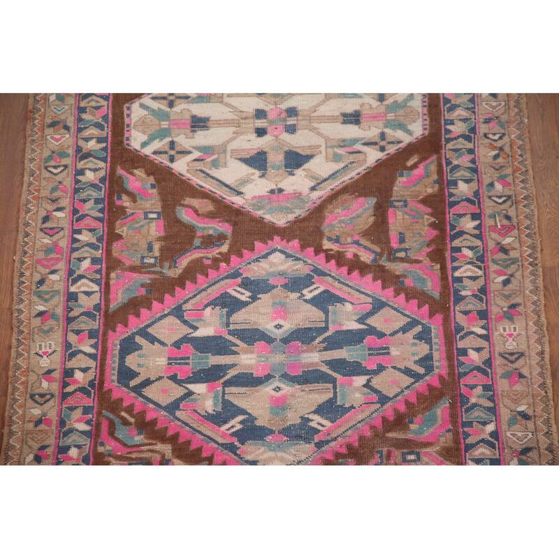 Hand Knotted Oriental 100% Wool Carpet Traditional Geometric Brown Heriz Runner Rug - 10' 11'' X 3' 9''