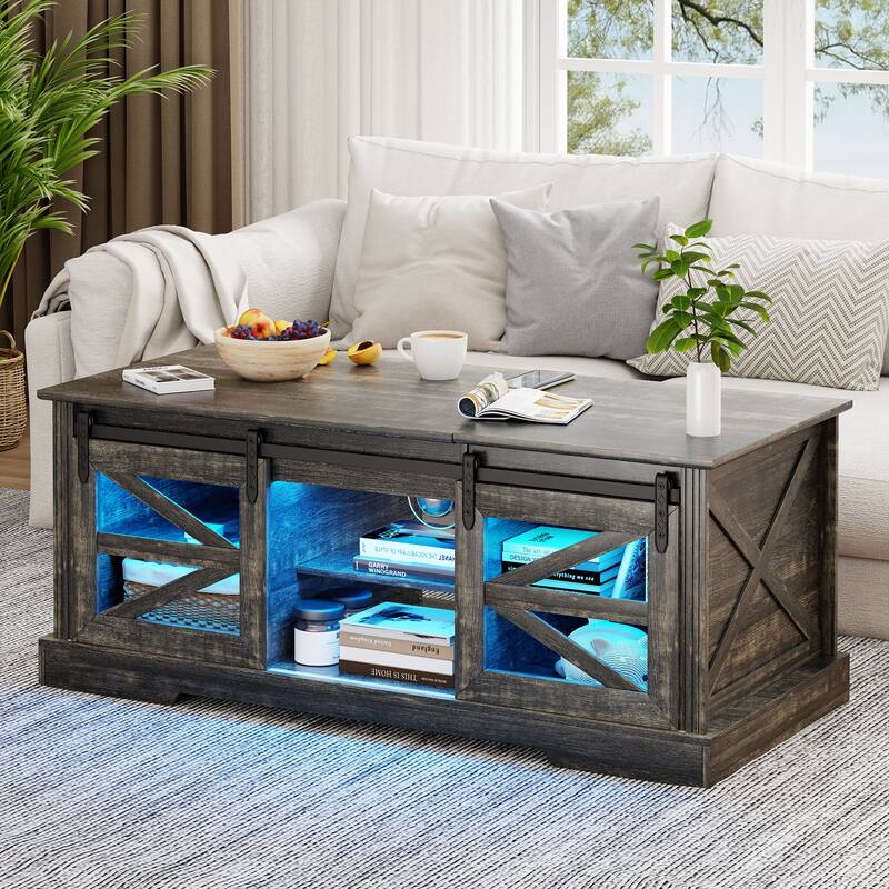 Lift Top Led Coffee Table With Sliding Barn Door - Brown