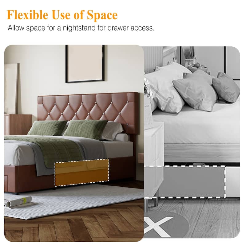VECELO Bed Frame with Storage Drawers Leather Upholstered with Diamond Tufted Headboard Solid Wood Slat Support