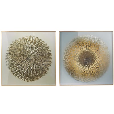 Porcelain Ceramic Starburst Scales Living Room Wall Decor with Gold Aluminum Frame - Set of 2 Gold - CosmoLiving by Cosmopolitan