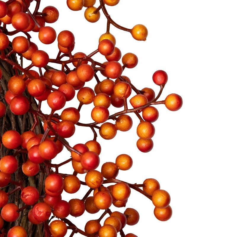18" Red Orange Berries Artifical Fall Harvest Twig Wreath, 18", Unlit