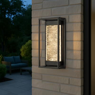 H15" Modern Outdoor Integrated LED Wall Light with Dusk to Dawn Sensor Matte Black Light Fixture with Handcrafted Textured Glass
