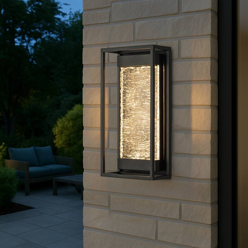 Modern Dusk to Dawn Sensor Matte Black Integrated LED Light Fixture with Handcrafted Textured Glass for Porch Garage (2 Pack)