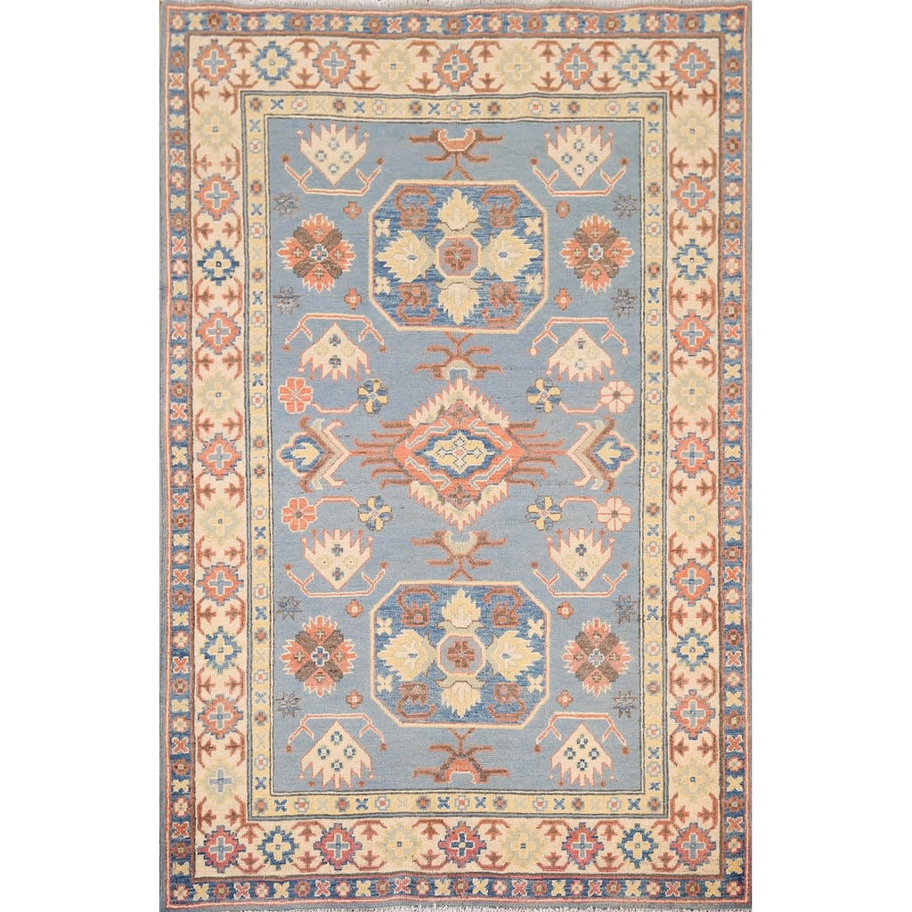 Light Blue Kazak Oriental Area Rug Hand-Knotted Bedroom Wool Carpet - 4'2" x 5'10"