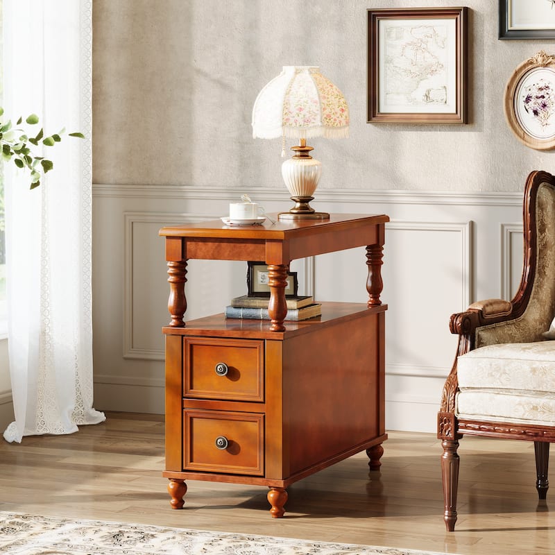 Solid Wood 2-Drawers Side Table