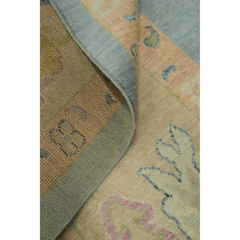 Floral Blue Wool Oushak Vegetable Dye Area Rug, Floral Geometric Carpet - 12' 4'' X 9' 4''