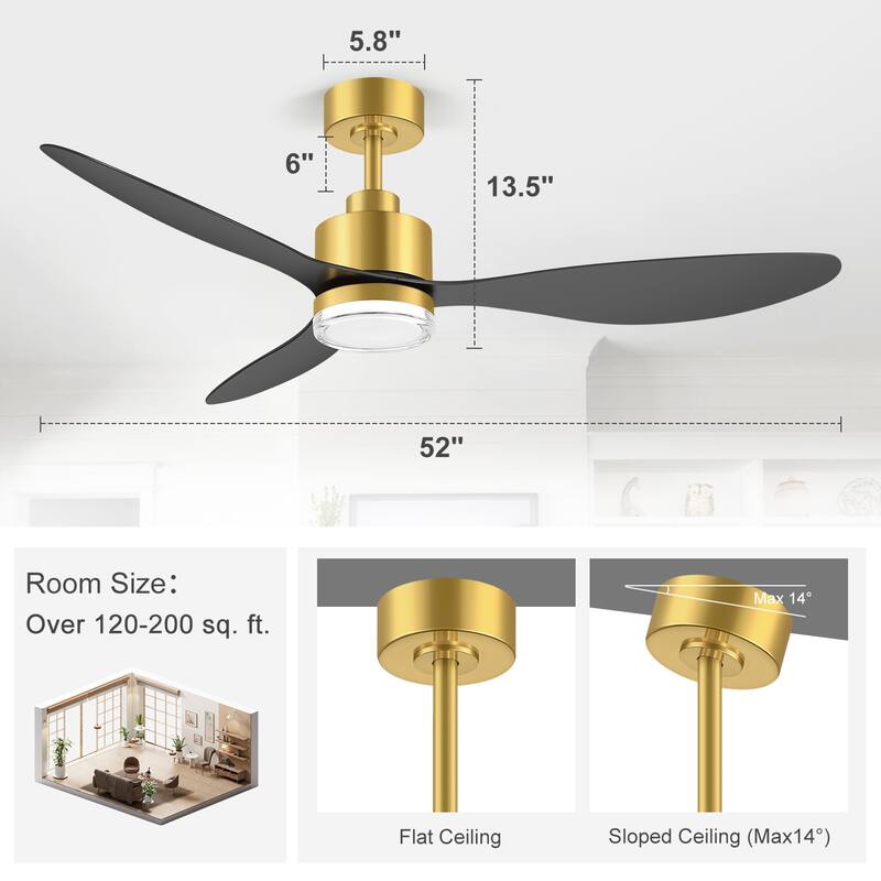 52" Black/Gold LED Ceiling Fan with Light and Remote(3-Blade)