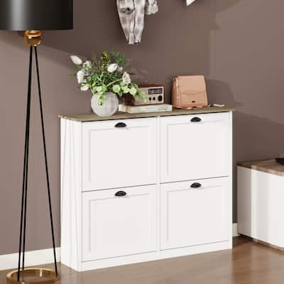 Shoe Storage Cabinet with 4 Flip Drawers, Slim Freestanding Wood Organizer, Hidden Shoe Rack with Adjustable Shelf