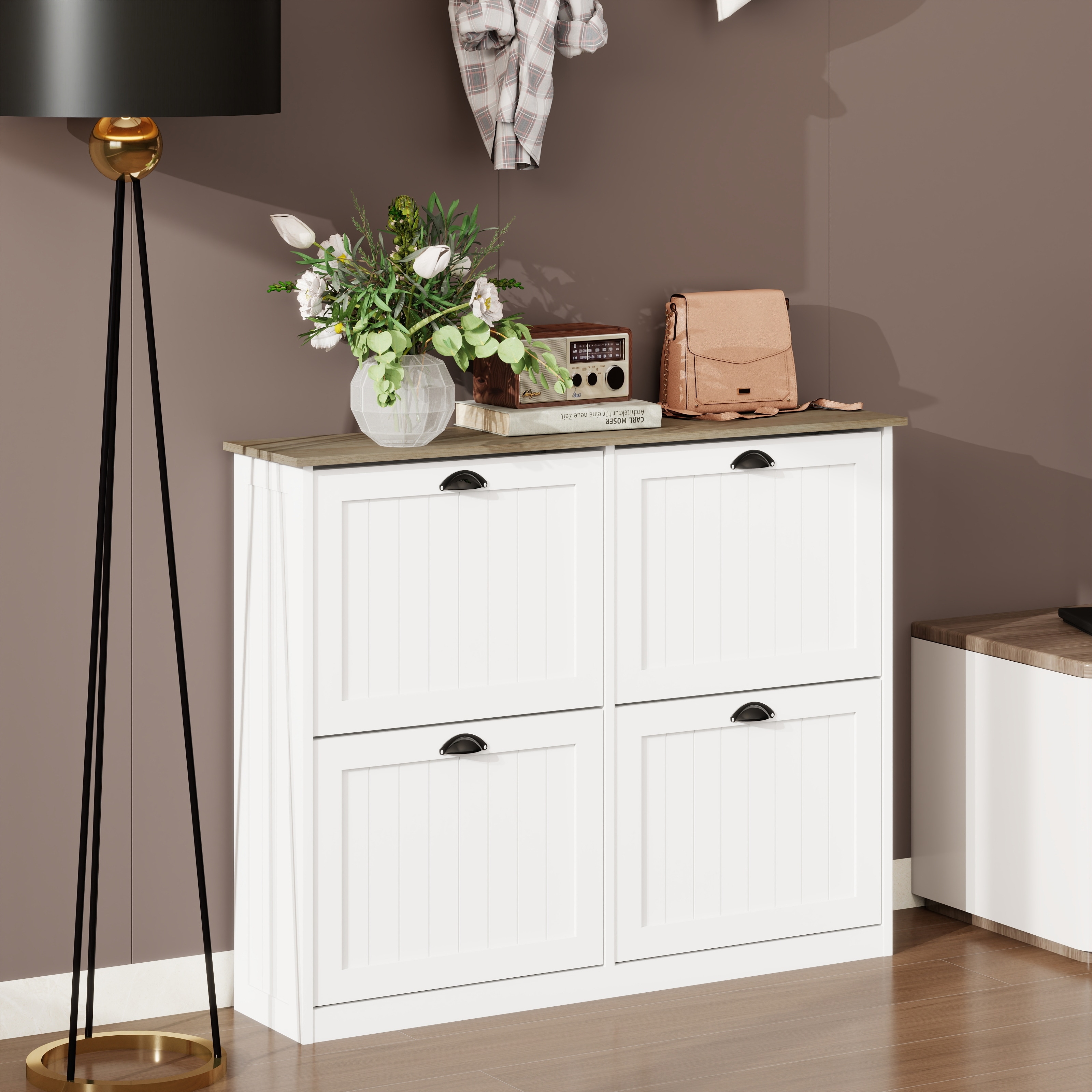 Shoe Storage Cabinet with 4 Flip Drawers, Slim Freestanding Wood Organizer, Hidden Shoe Rack with Adjustable Shelf