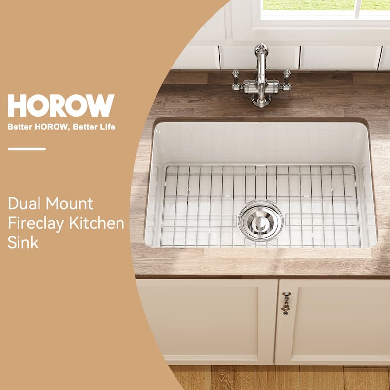 HOROW Undermount Fireclay 27 in. Single Bowl Kitchen Sink, with Grid and Strainer in White