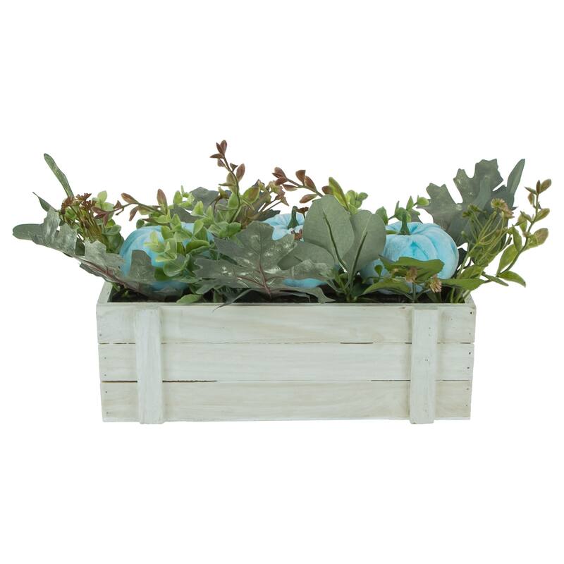 Fall Harvest Foliage and Pumpkins In Wooden Planter - 18" - Blue - 16"