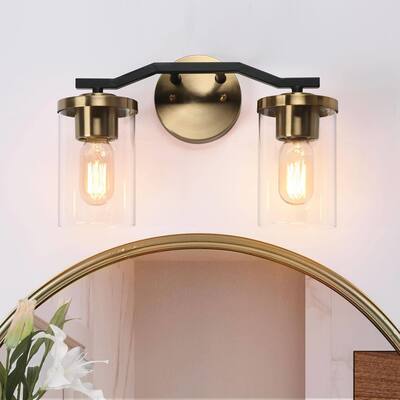 2/3/4 Lights Modern Farmhouse Black Gold Vanity Light with Cylinder Glass Shades