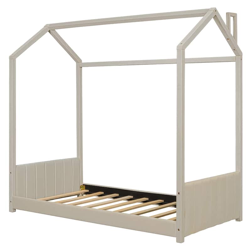 Roomfitters Twin/Full Size Velvet House Bed with Wooden Frame, Roof Design and Cozy Upholstery