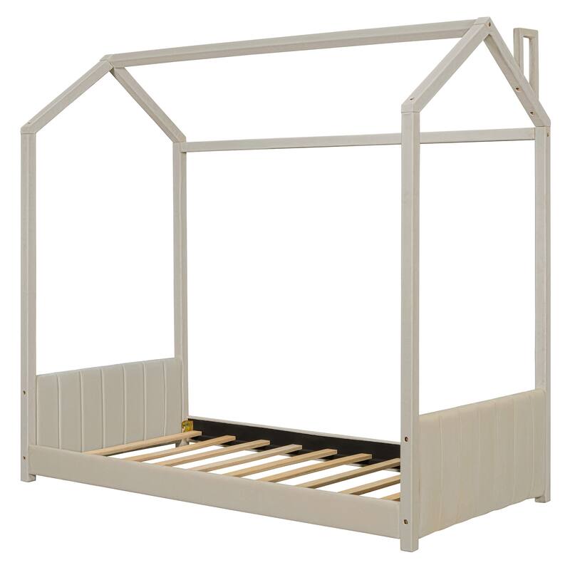 Twin Size Velvet House Bed with Roof, Beige - Sturdy Pine Frame, Semi-Enclosed Play Area
