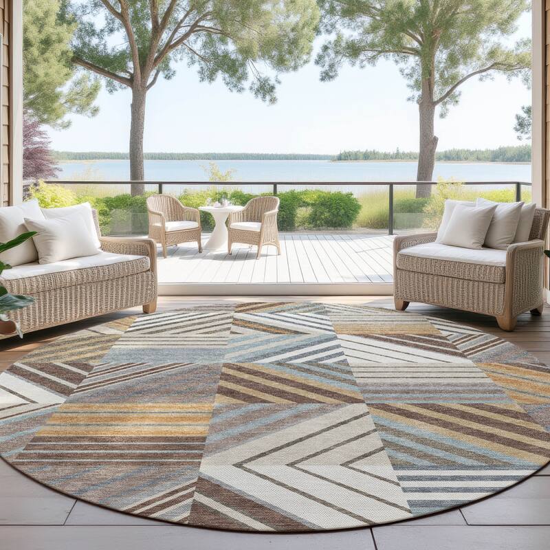 Machine Washable Indoor/ Outdoor Geo Mosaic Chantille Rug - Taupe - 8' x 8'