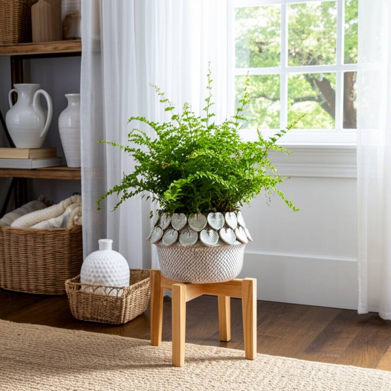 Stoneware Planter with Sculpted Leaf Accents and Textured Detailing