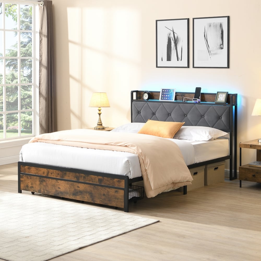 Full Size Storage Bed Frame with LED Lights Upholstered Headboard & 2 Drawers, USB & Charging Station, Grey