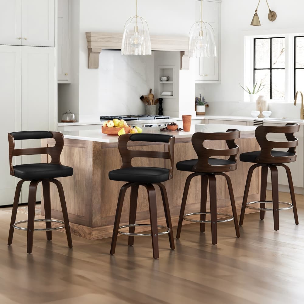 26"H Modern Walnut Swivel Counter Height Stool, Bar Stools with Back Set of 4 - 26" H