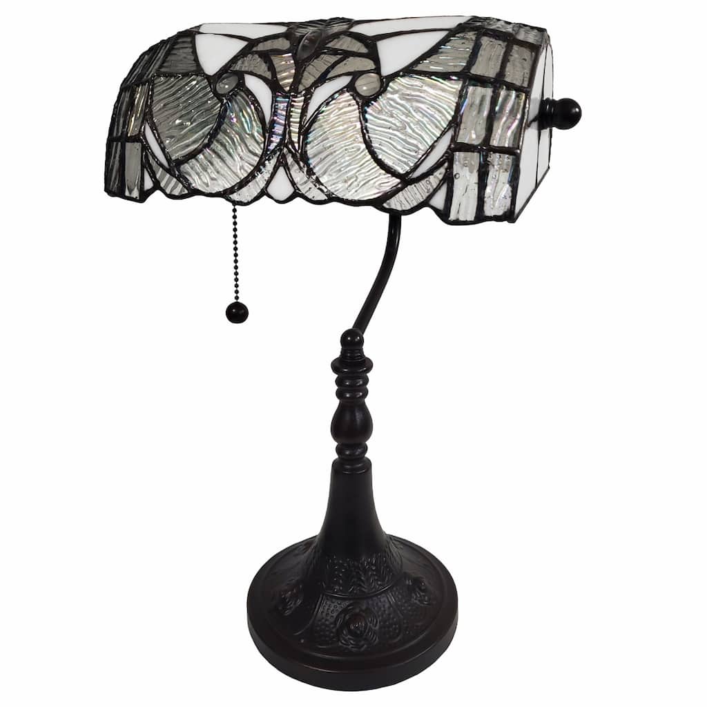 Dark Brown Resin Table Lamp with White Silver-Stained Glass Shade - 11” x 13” x 16” (D x W x H)