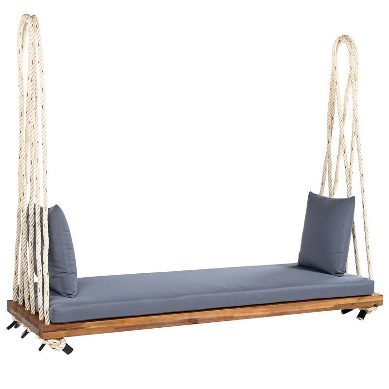 Porch Wooden Swing Chair with Hemp Ropes, Patio Hanging Swing Bench with Cushion & 2 Pillows