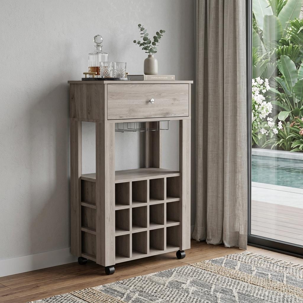 HomeRoots Light Gray Rolling Bar Cart With Wine Storage - 23.62 in. x 39.37 in. x 13.98 in.