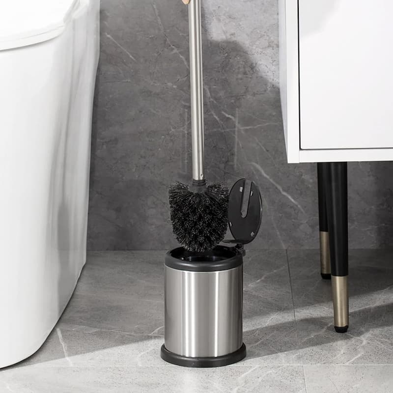 Bath Toilet Bowl Brush Holder with Folding Lid Stainless Steel - 15 inches H x 4.8" Diam