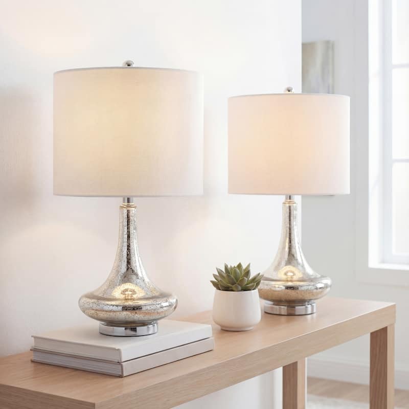 Ames 25.5" Glass Teardrop LED Table Lamp, Mercury Silver/Chrome (Set of 2) by JONATHAN Y - Mercury Silver