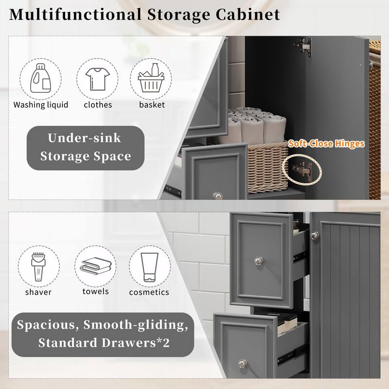 24-Inch Bathroom Vanity Cabinet with Ceramic Sink - 2 Drawers and 1 Door