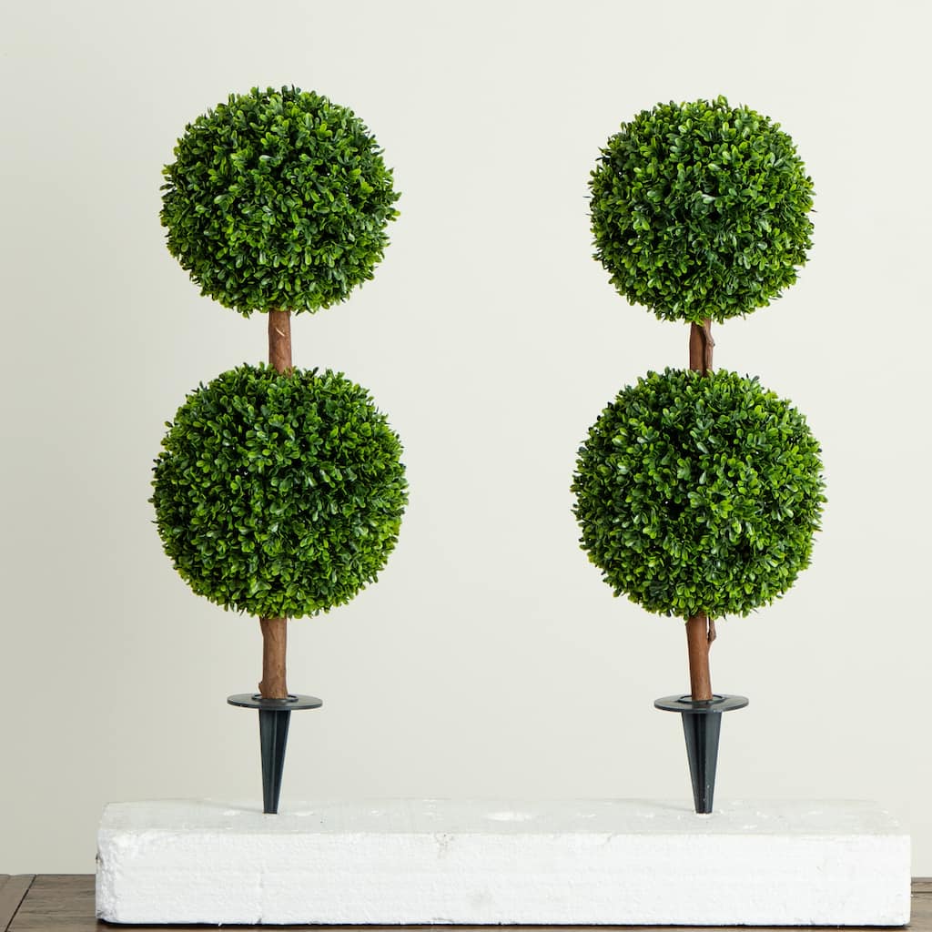 Double Ball Boxwood Topiary Trees with Ground Stake - 3' - Set of 2