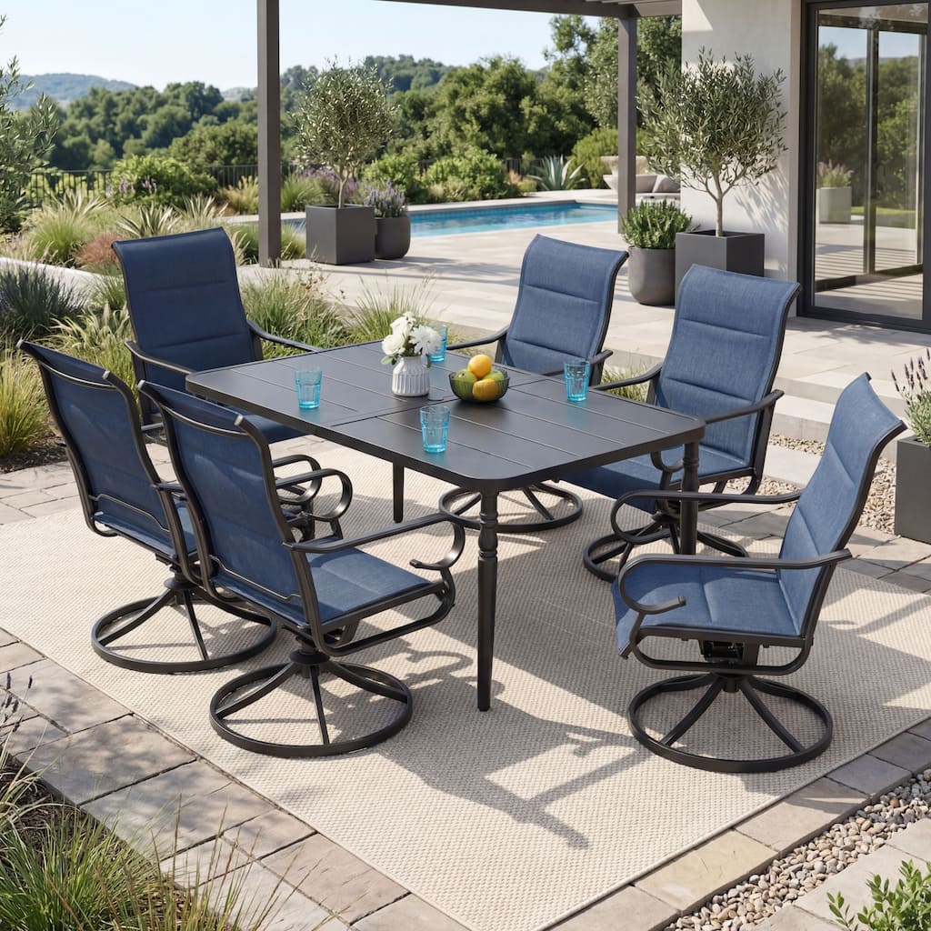 Nuu Garden Swivel Padded Textilene Outdoor Dining Set with Umbrella Hole