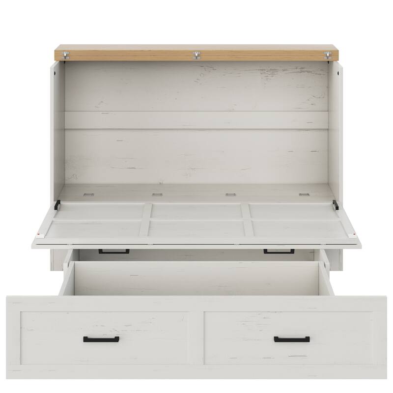 Queen Murphy Bed with Charging Station,Farmhouse Murphy Cabinet Bed with Large Storage Drawer,Hideaway Foldable Platform Bed